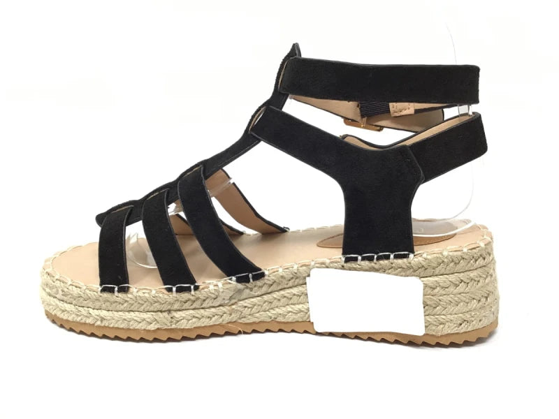 Sandalia plataforma mujer negra – estilo moderno con suela de yute y doble hebilla