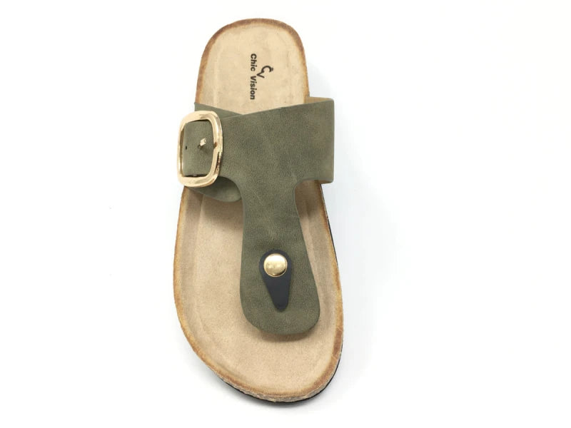 Sandalia kaki de mujer con hebilla decorativa y plantilla anatómica