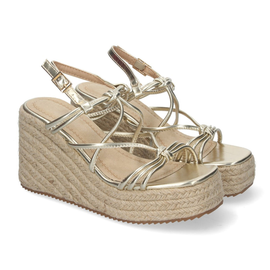 Sandalias de cuña de yute con Tiras Cruzadas -Oro