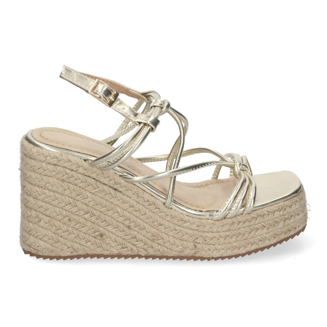 Sandalias de cuña de yute con Tiras Cruzadas -Oro
