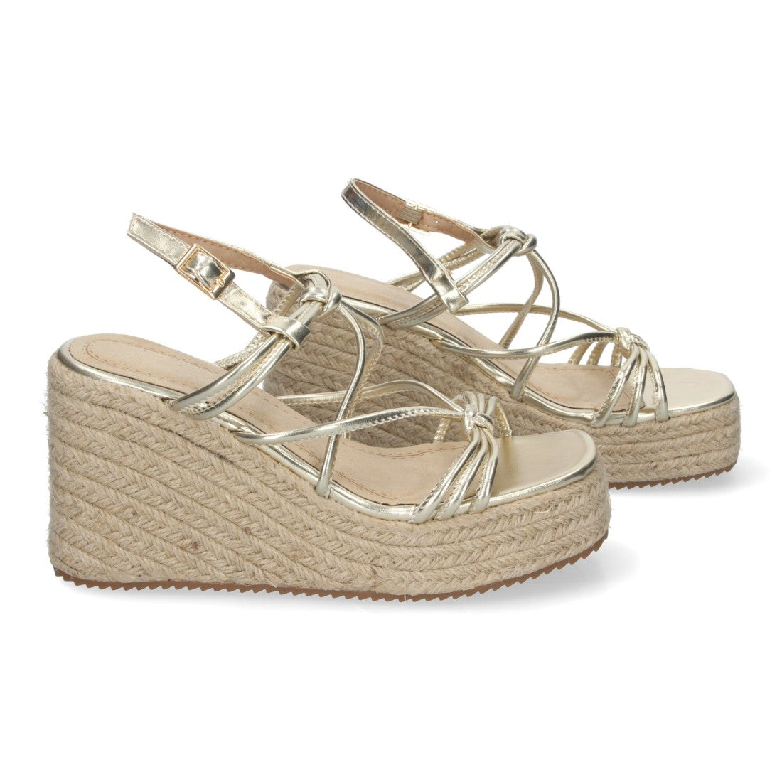 Sandalias de cuña de yute con Tiras Cruzadas -Oro