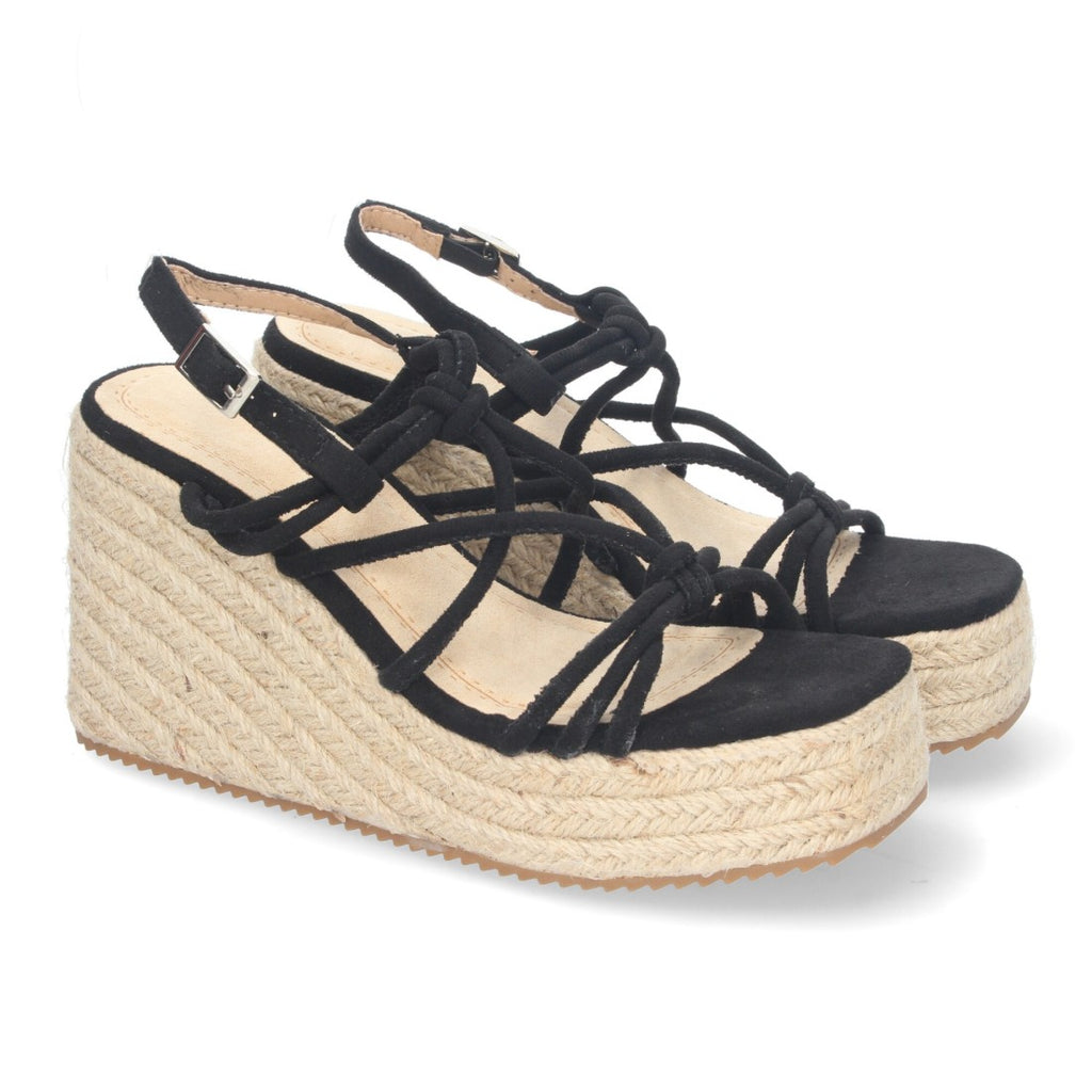 Sandalias de cuña de yute con Tiras Cruzadas -Negro