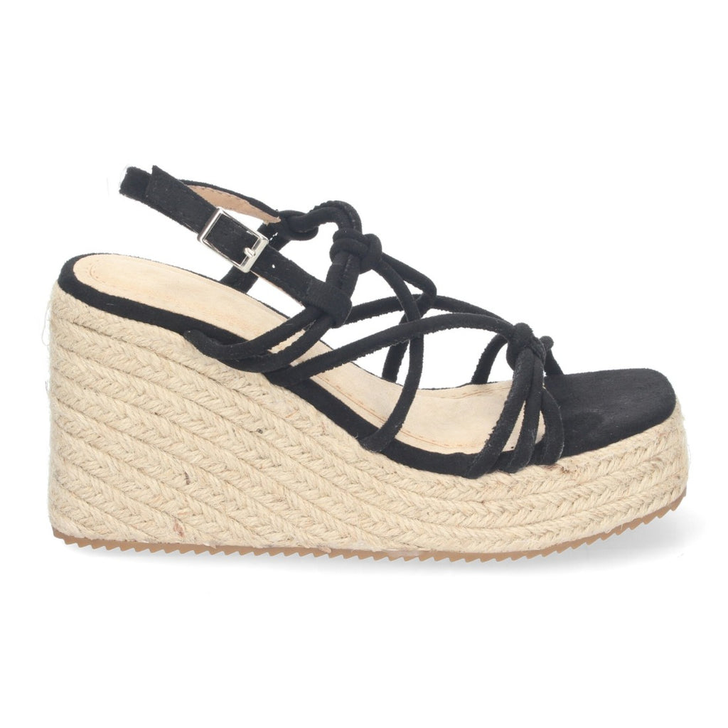 Sandalias de cuña de yute con Tiras Cruzadas -Negro