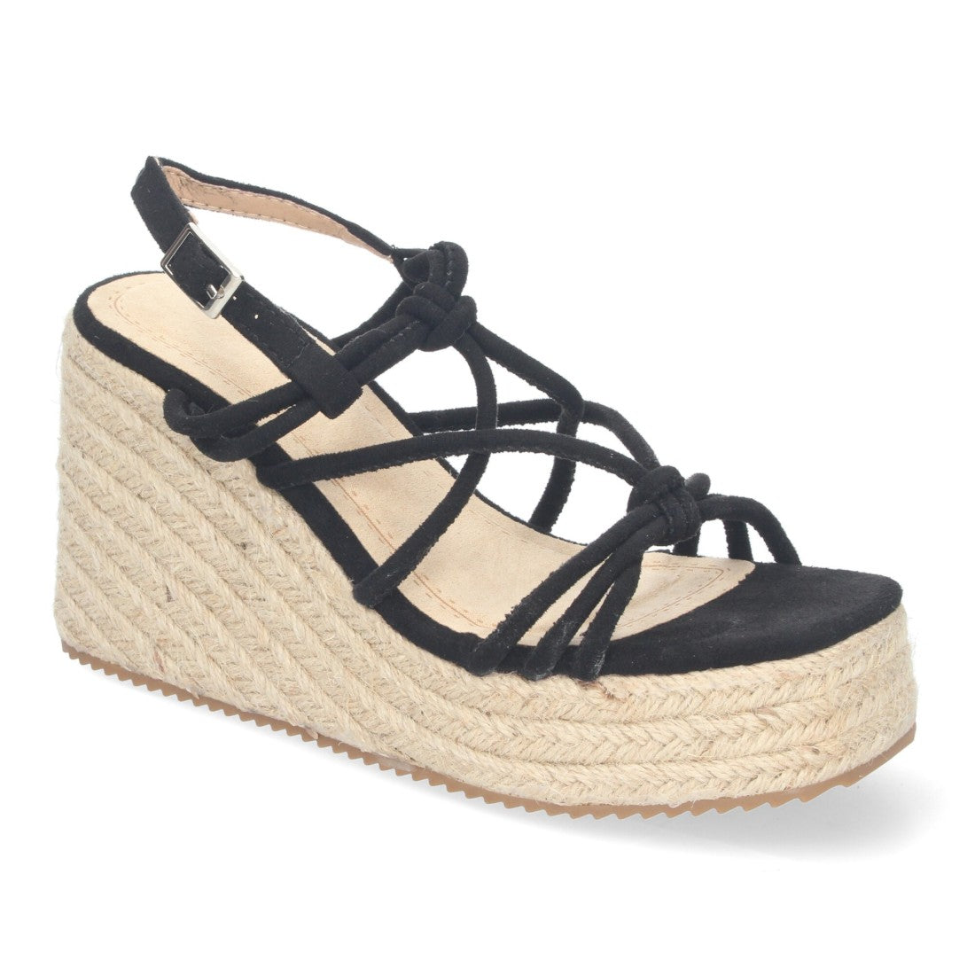 Sandalias de cuña de yute con Tiras Cruzadas -Negro