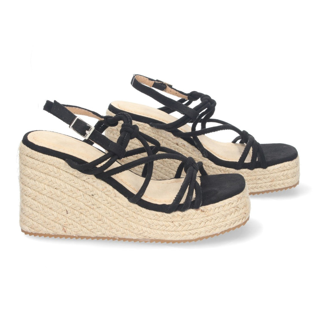 Sandalias de cuña de yute con Tiras Cruzadas -Negro