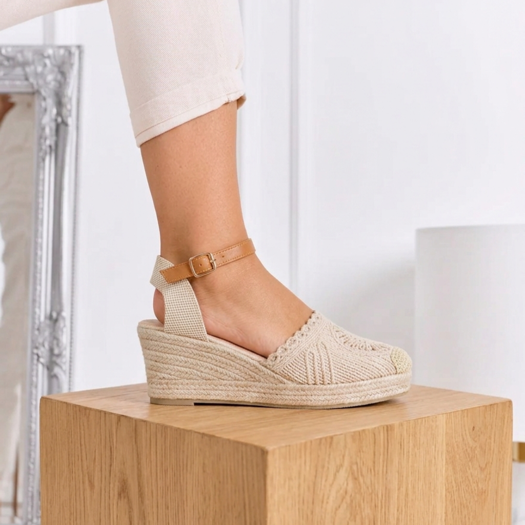 Sandalia de Cuña Valenciana con Punta Tejida Beige