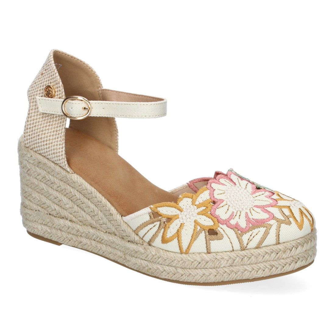 Sandalias con cuña y diseño de flores bordadas - Beige