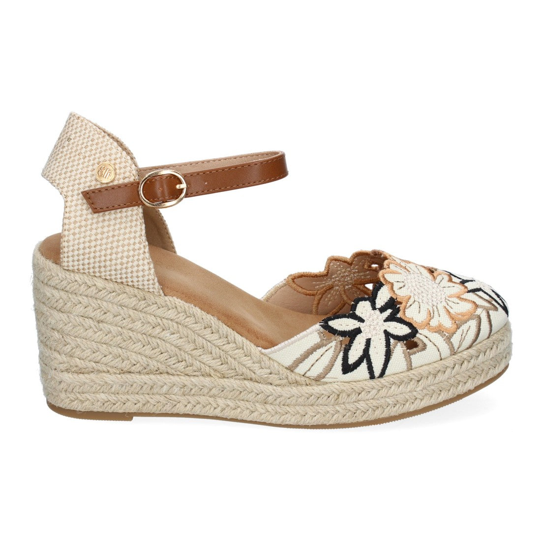 Sandalias con cuña y diseño de flores bordadas - Camel