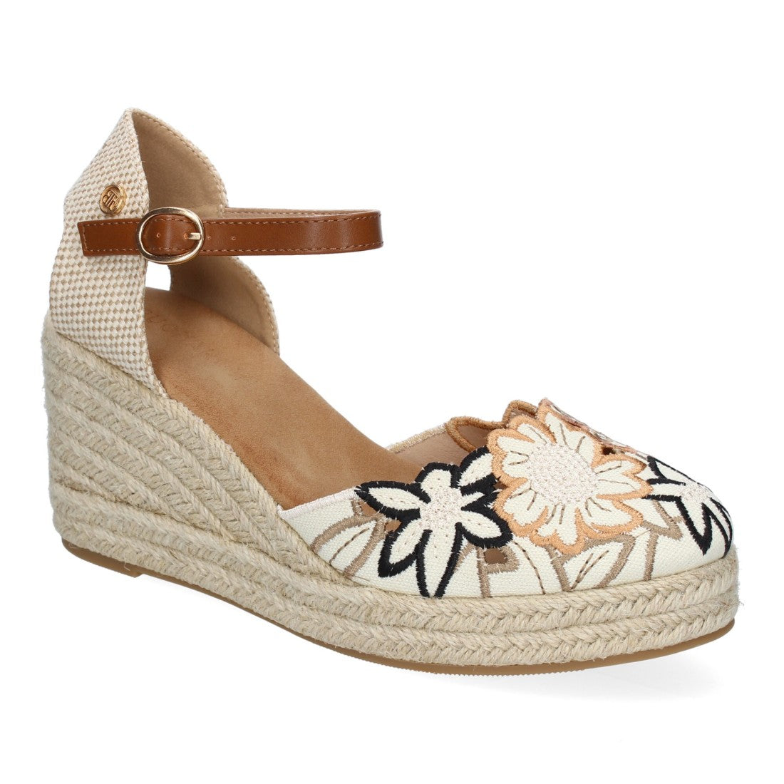 Sandalias con cuña y diseño de flores bordadas - Camel