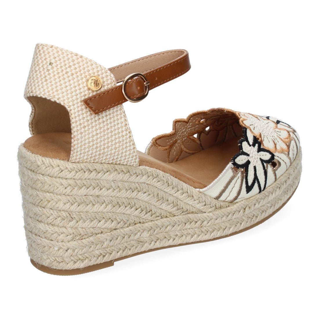 Sandalias con cuña y diseño de flores bordadas - Camel