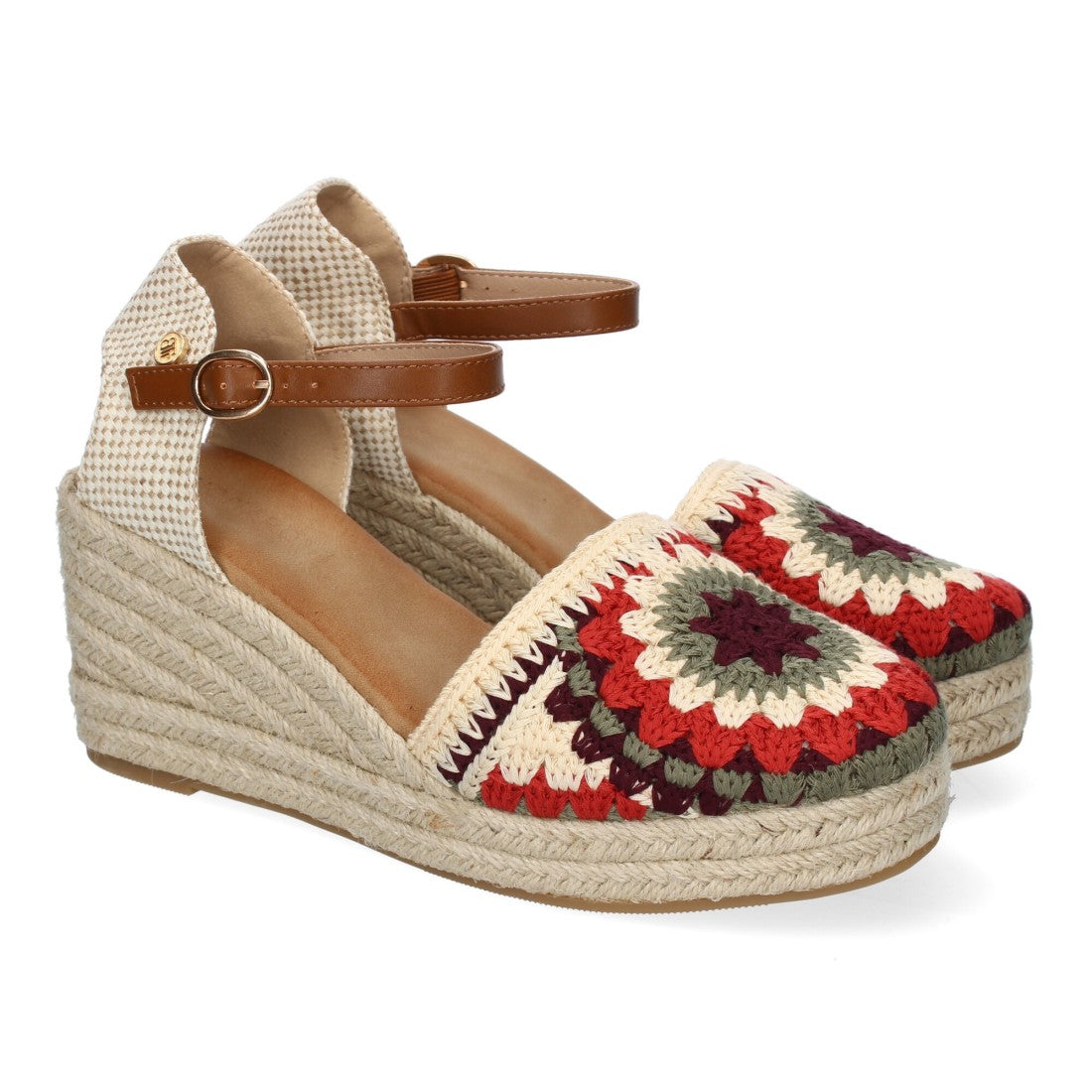 Sandalias de Cuña con Diseño de Flores, Adornos Bordados -Camel