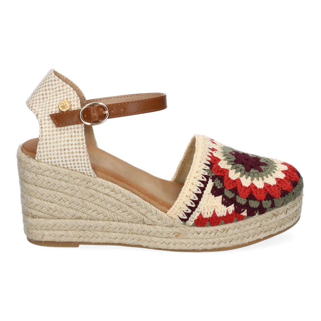 Sandalias de Cuña con Diseño de Flores, Adornos Bordados -Camel