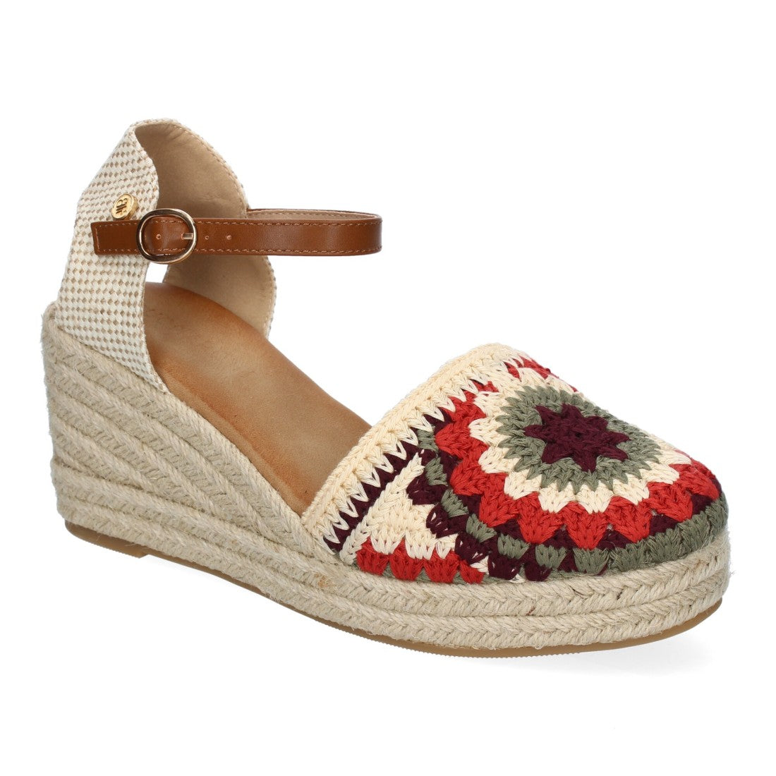 Sandalias de Cuña con Diseño de Flores, Adornos Bordados -Camel