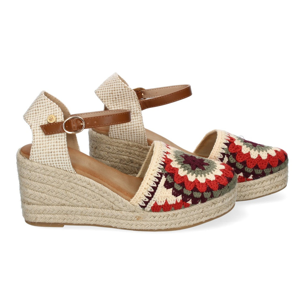 Sandalias de Cuña con Diseño de Flores, Adornos Bordados -Camel