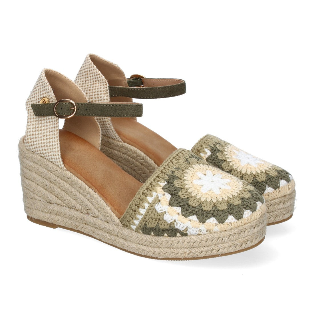Sandalias de Cuña con Diseño de Flores, Adornos Bordados -Verde