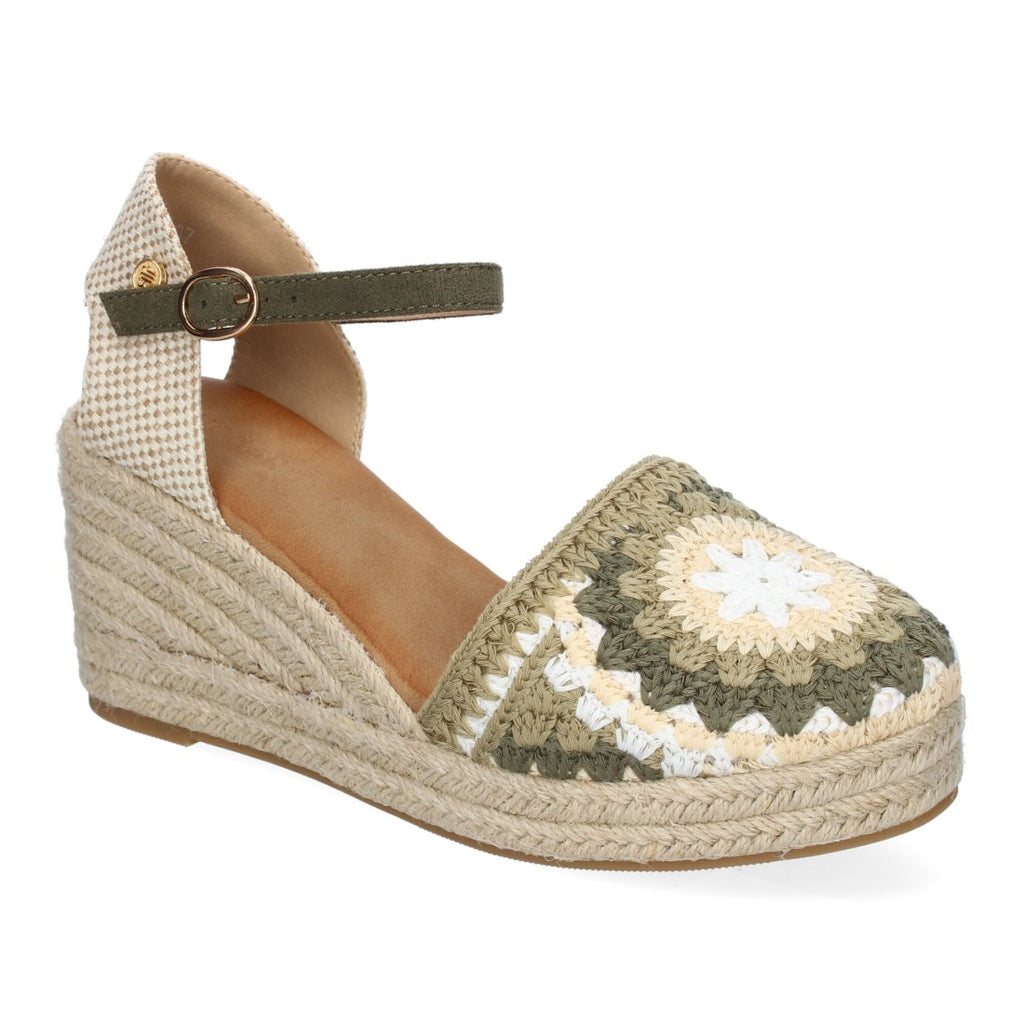 Sandalias de Cuña con Diseño de Flores, Adornos Bordados -Verde