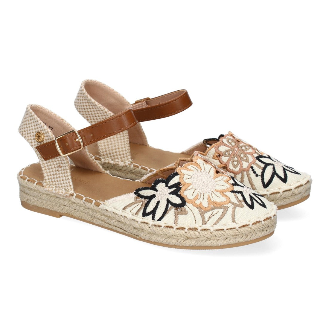 Sandalia de Mujer con Diseño Floral Bordado y Suela de Yute - Negro