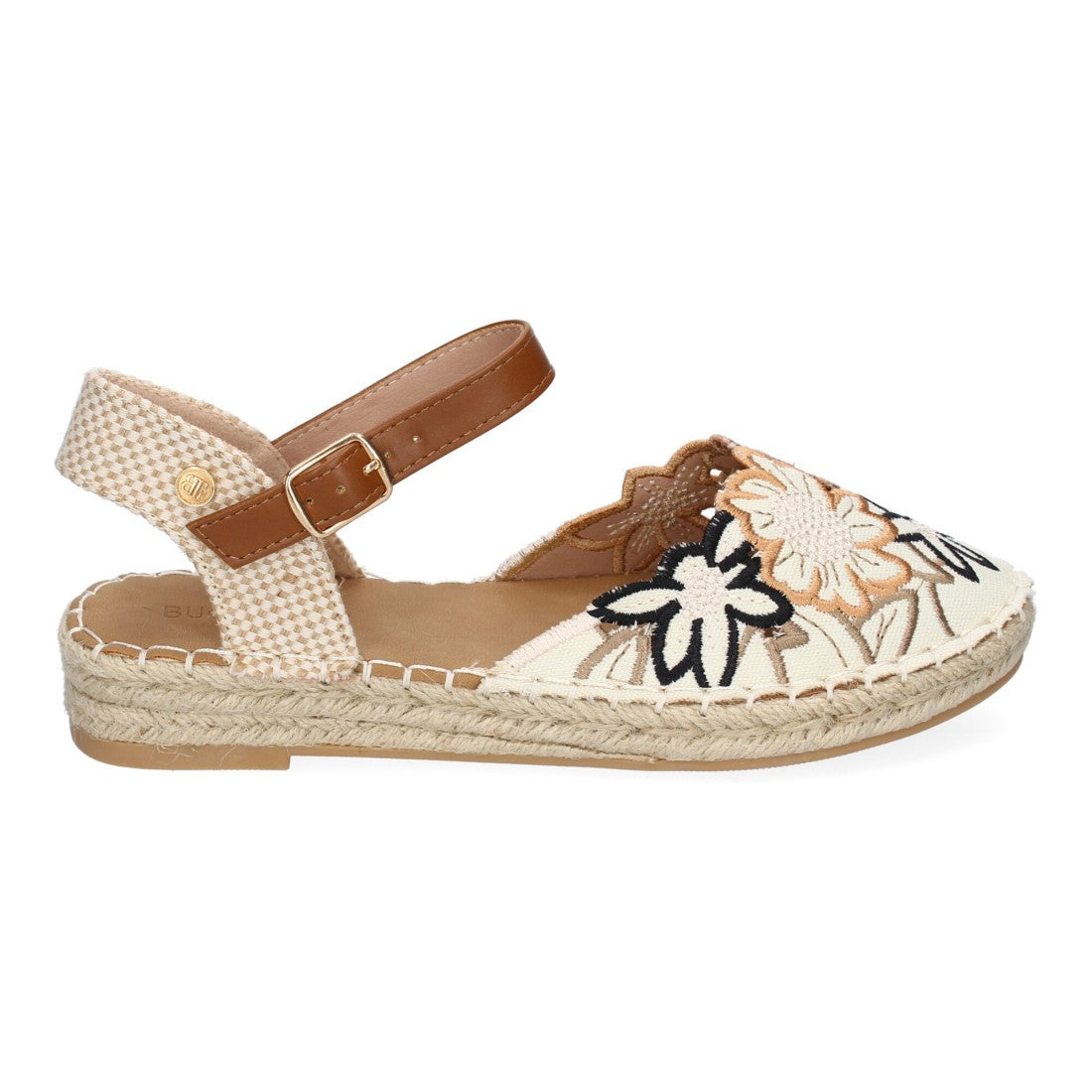 Sandalia de Mujer con Diseño Floral Bordado y Suela de Yute - Negro