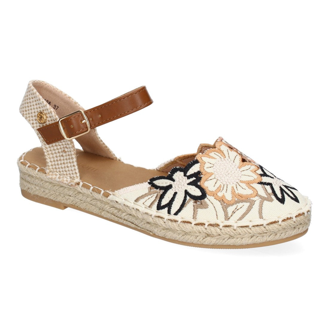 Sandalia de Mujer con Diseño Floral Bordado y Suela de Yute - Negro
