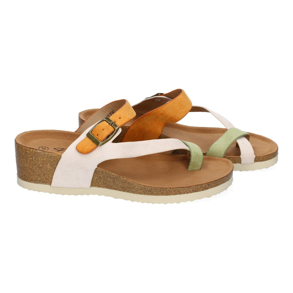 Sandalia de Cuña para Mujer,  Planta Bio, Estilo de Esclava con Hebilla - M-227C-Camel