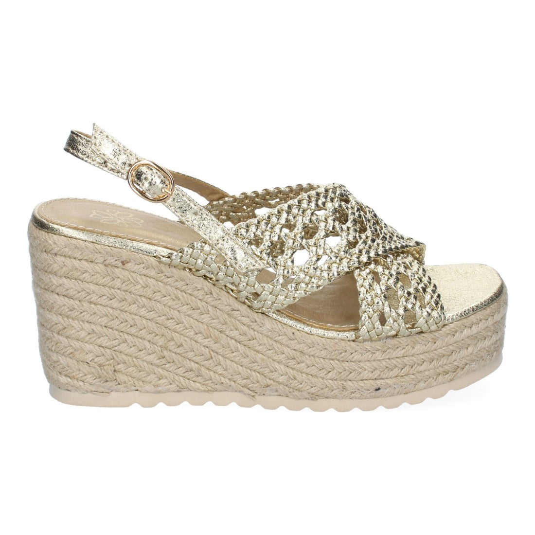 Sandalia de Cuña en jute – Pala Trenzada y Hebilla Ajustable -Oro