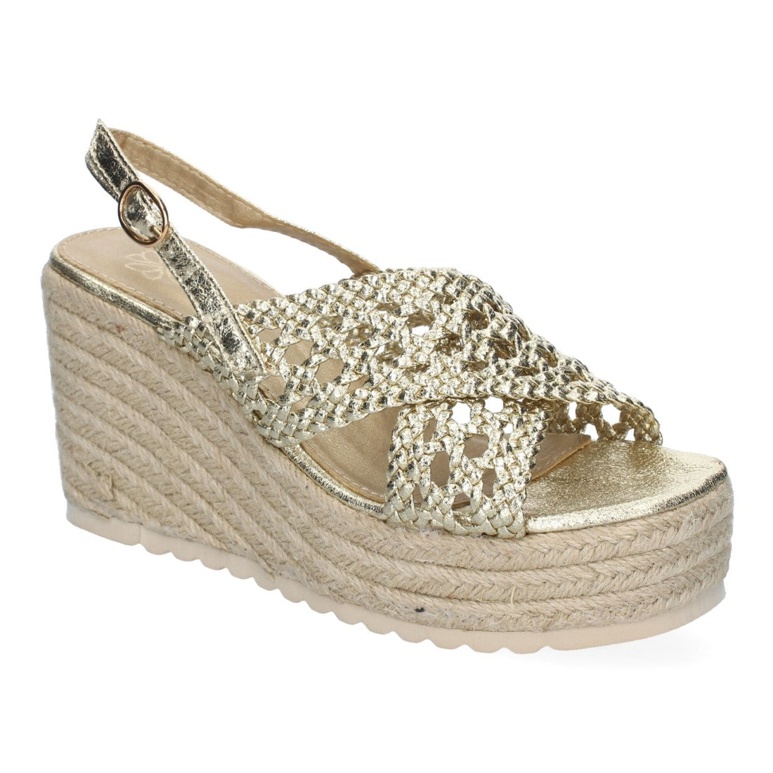 Sandalia de Cuña en jute – Pala Trenzada y Hebilla Ajustable -Oro