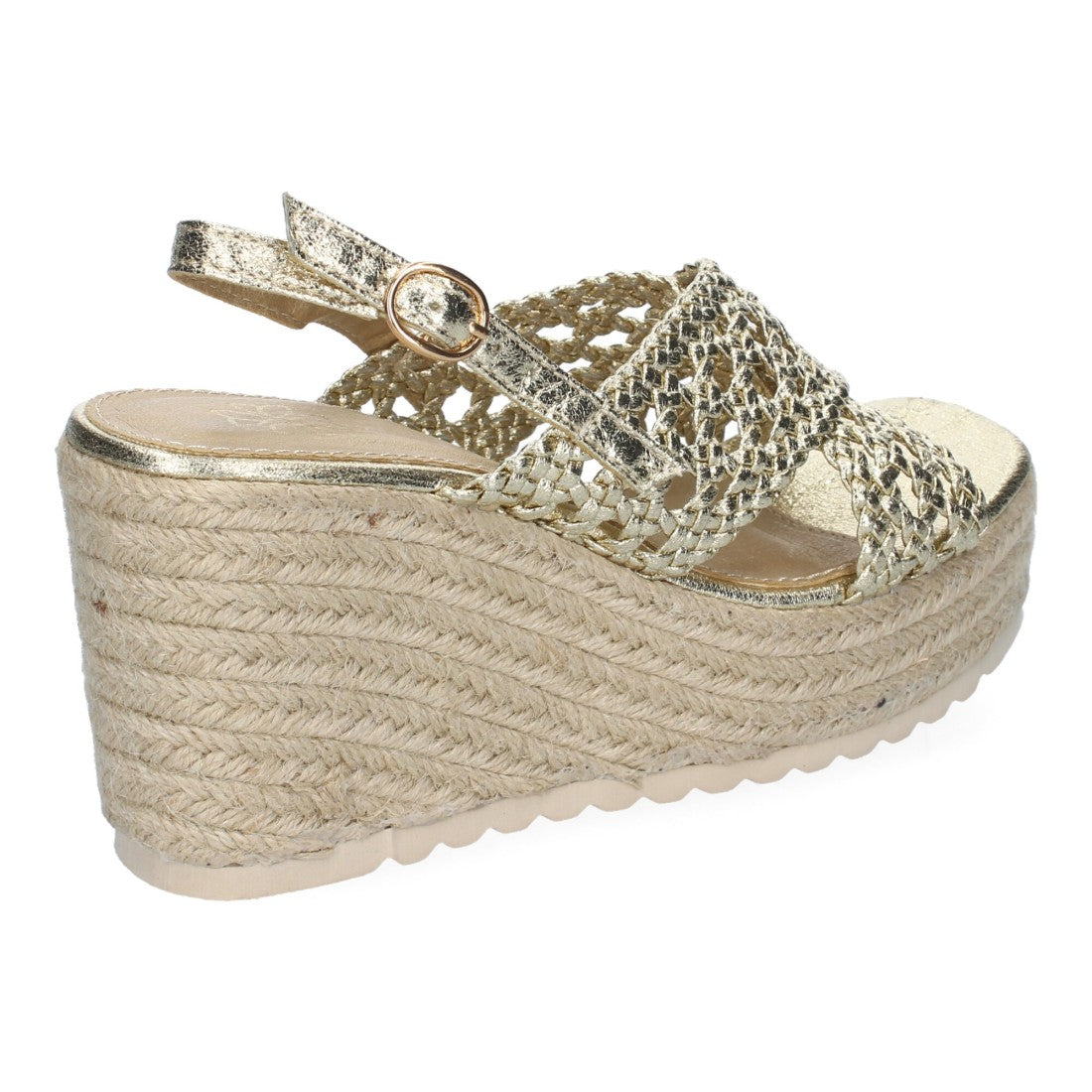 Sandalia de Cuña en jute – Pala Trenzada y Hebilla Ajustable -Oro