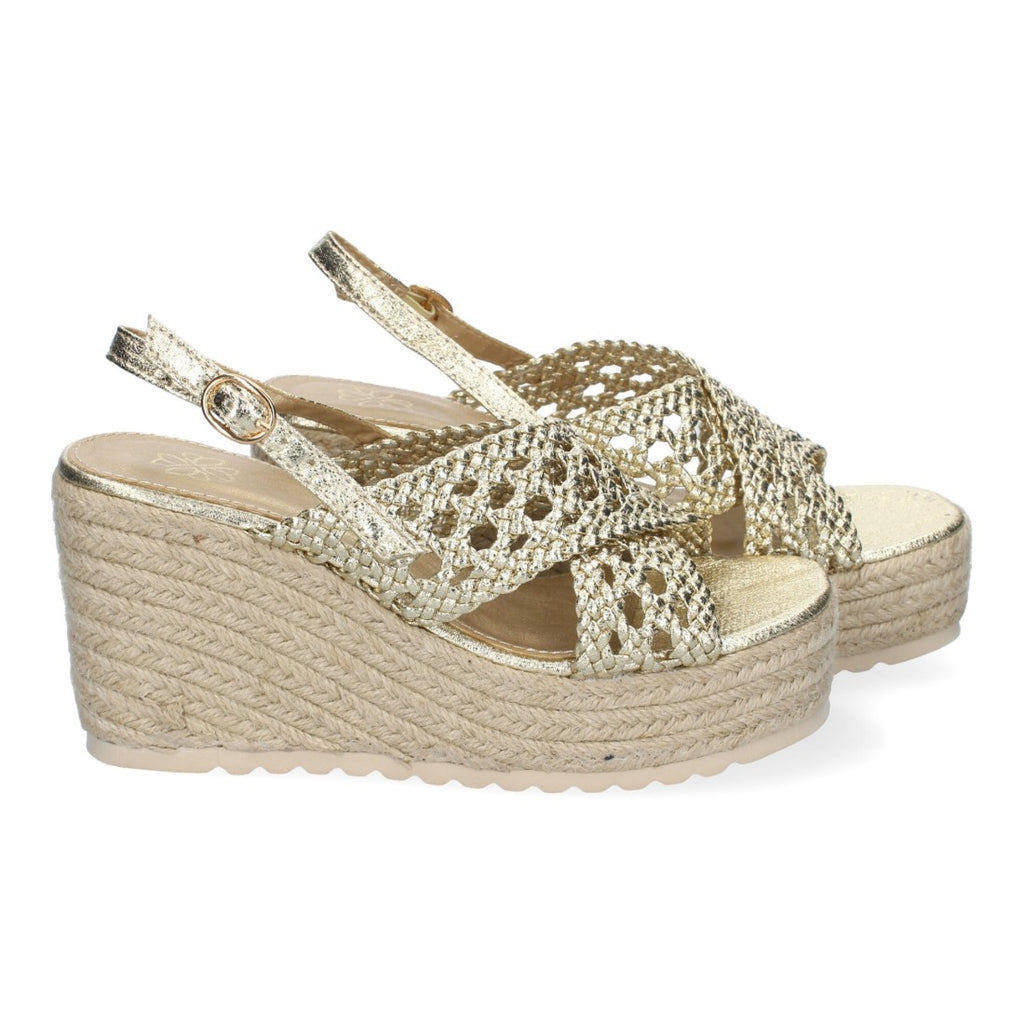 Sandalia de Cuña en jute – Pala Trenzada y Hebilla Ajustable -Oro
