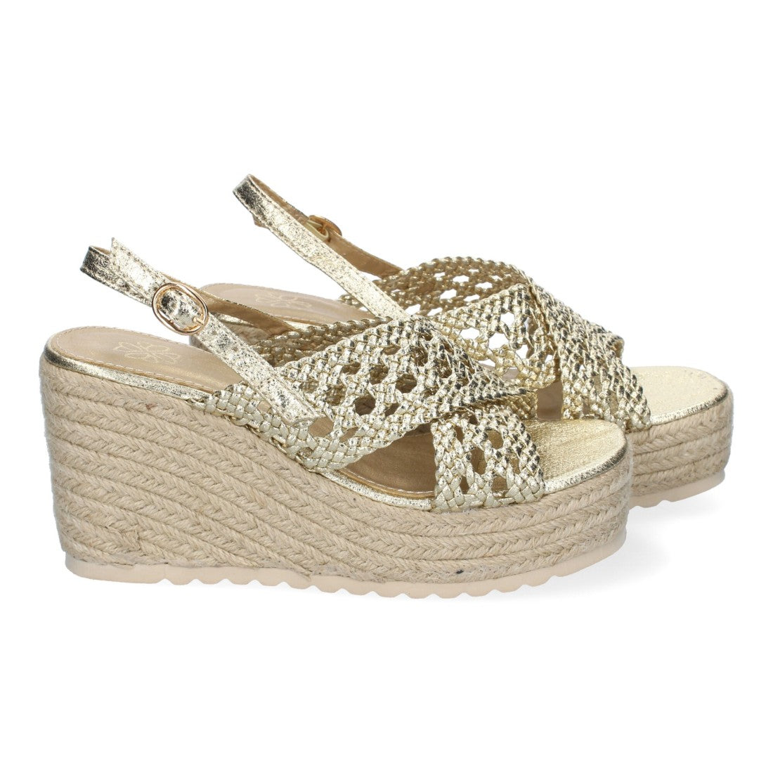 Sandalia de Cuña en jute – Pala Trenzada y Hebilla Ajustable -Oro