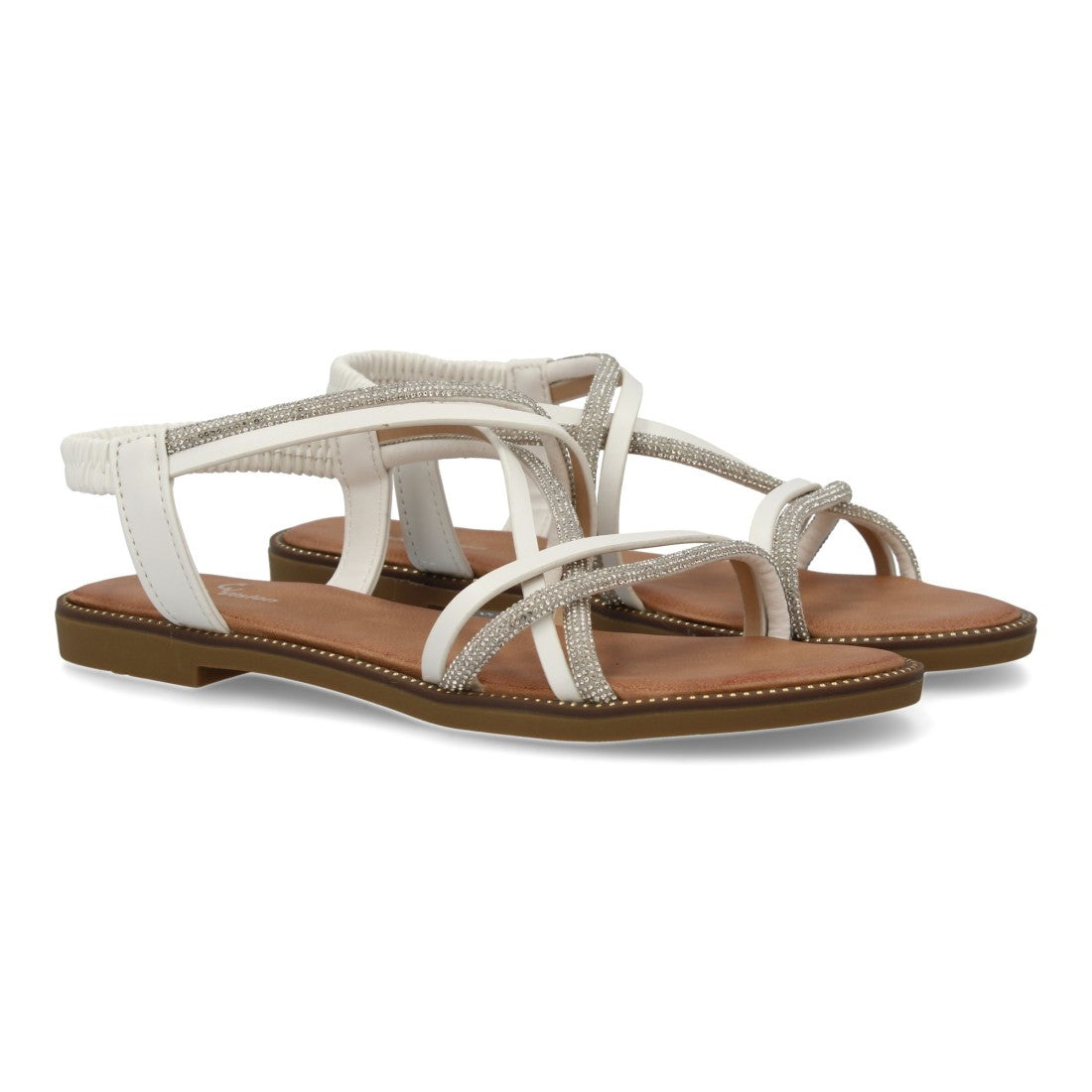 Sandalia plana con diseño trezando y brillantes - TF2509-Blanco