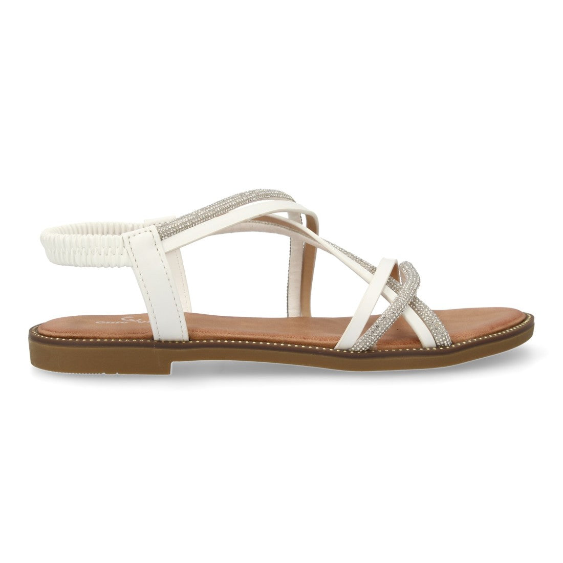 Sandalia plana con diseño trezando y brillantes - TF2509-Blanco