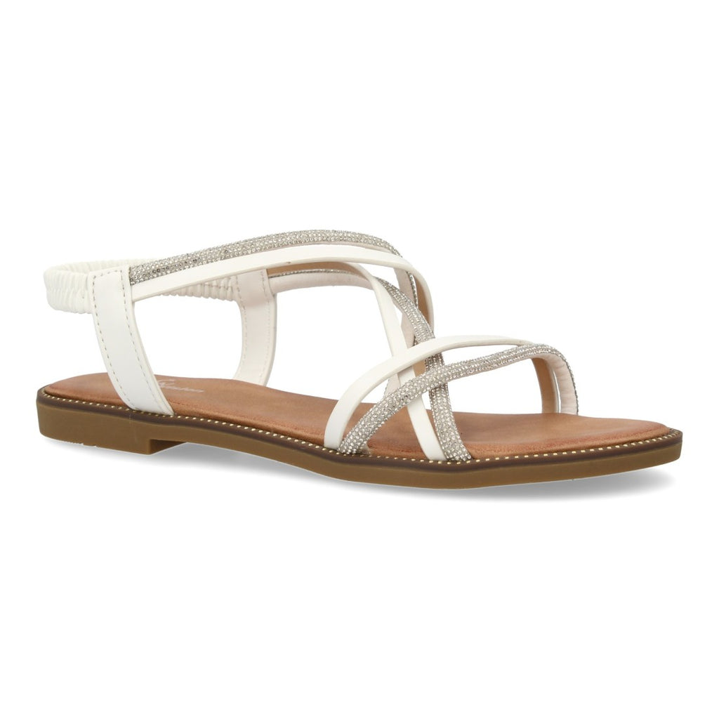 Sandalia plana con diseño trezando y brillantes - TF2509-Blanco