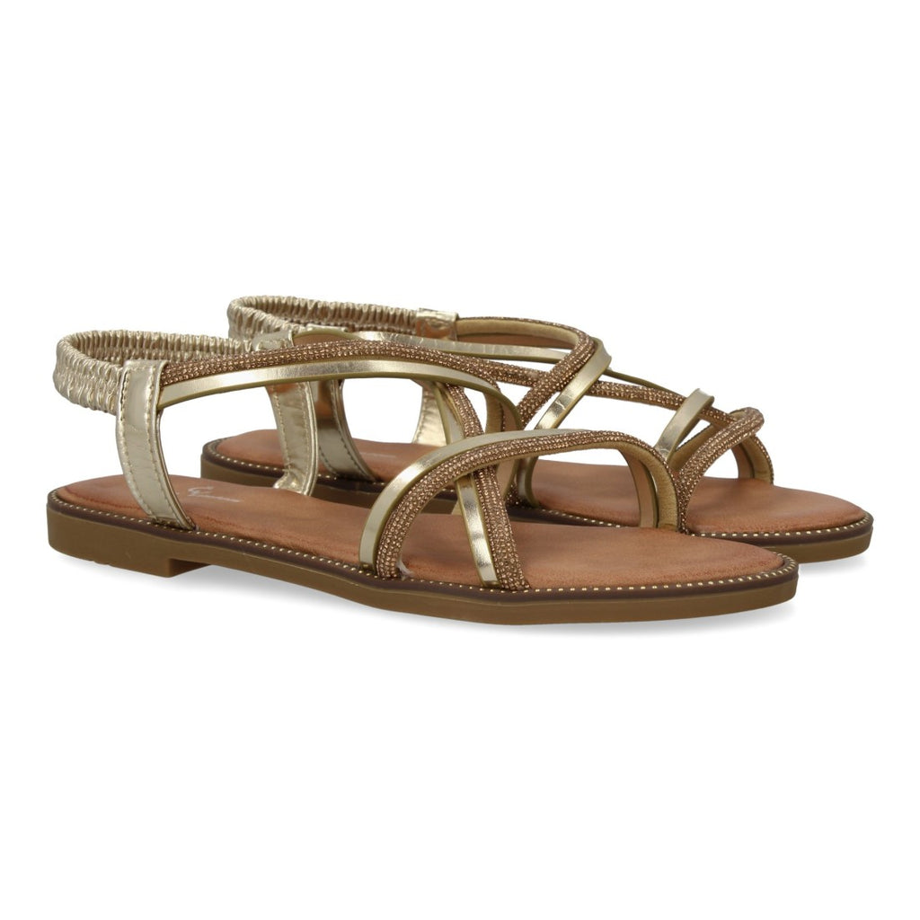 Sandalia plana con diseño trezando y brillantes - TF2509-Oro