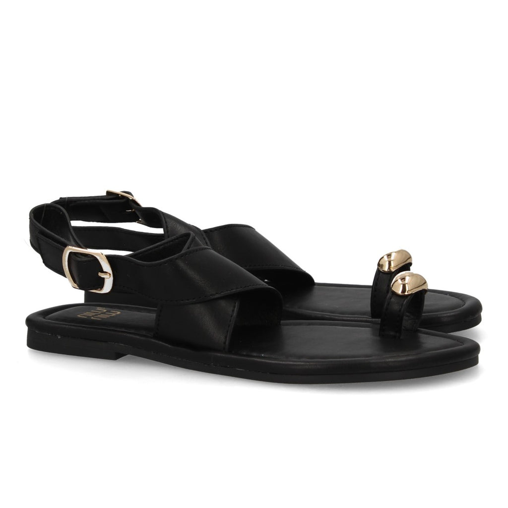 Sandalias planas elegantes mujer con adorno metálico - KK-1017-Negro