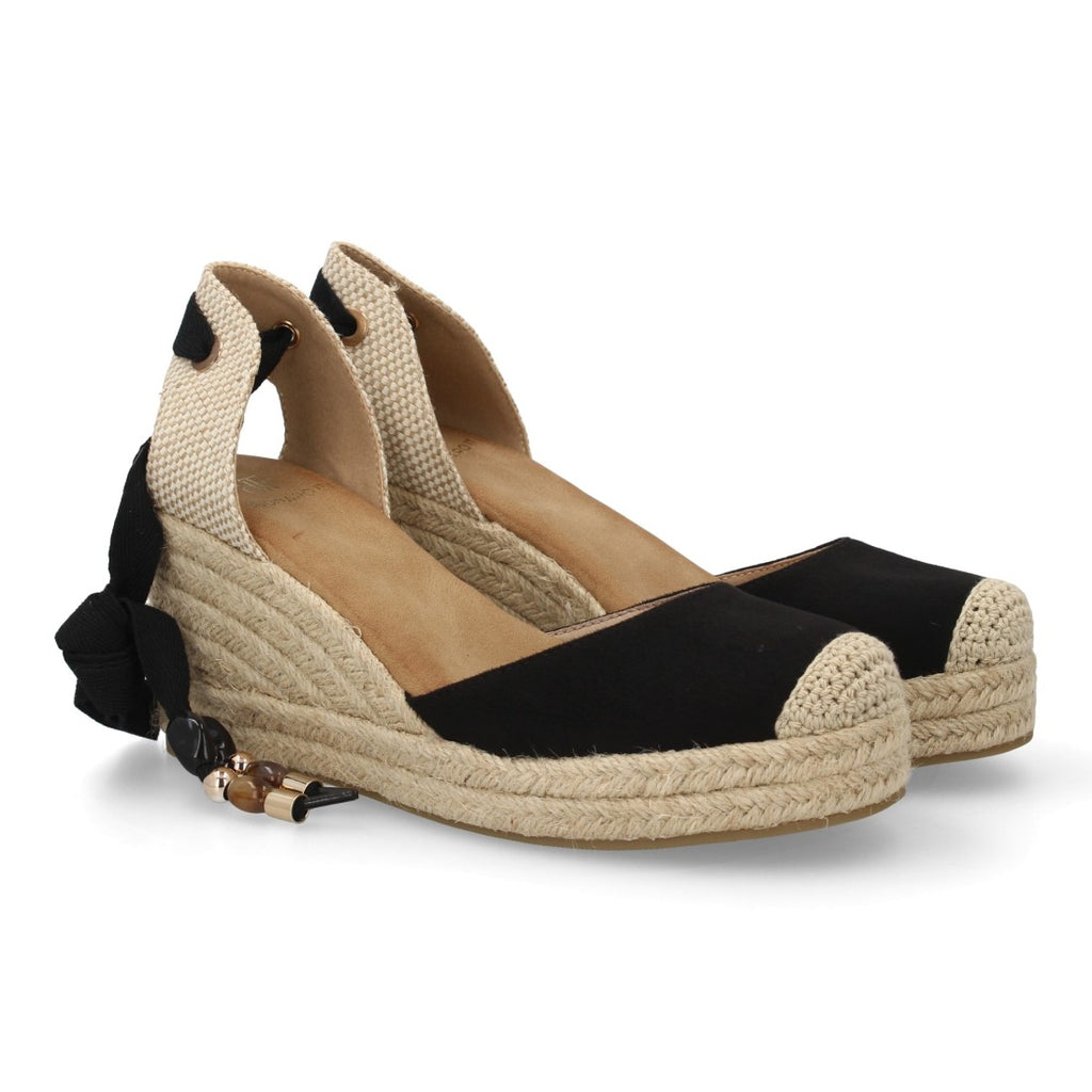 Sandalia Valenciana de Cuña con Estilo Artesanal y Cintas Decorativas - Negro
