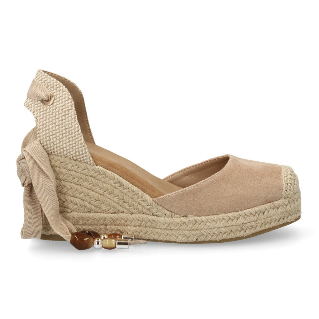 Sandalia Valenciana de Cuña con Estilo Artesanal y Cintas Decorativas - Beige