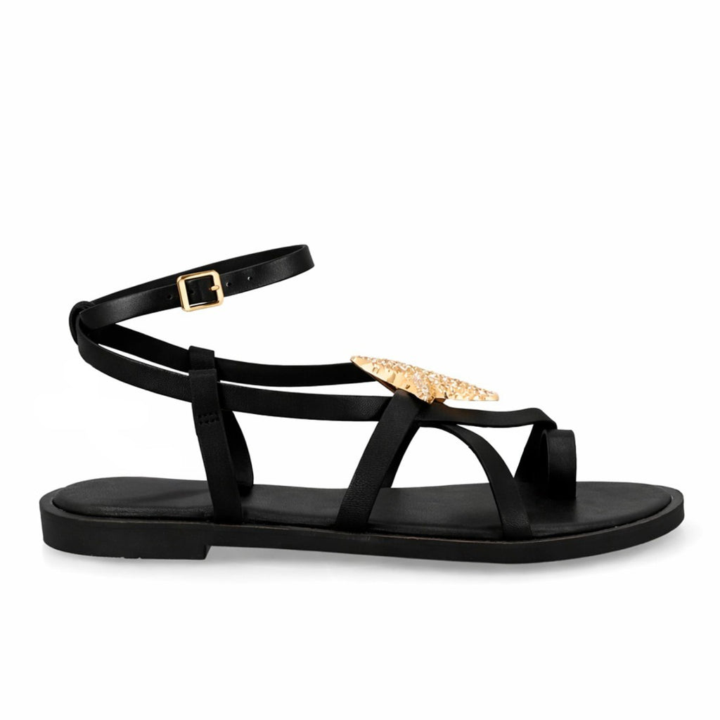 Sandalia romana plana con decoración de estrella - 5269-Negro