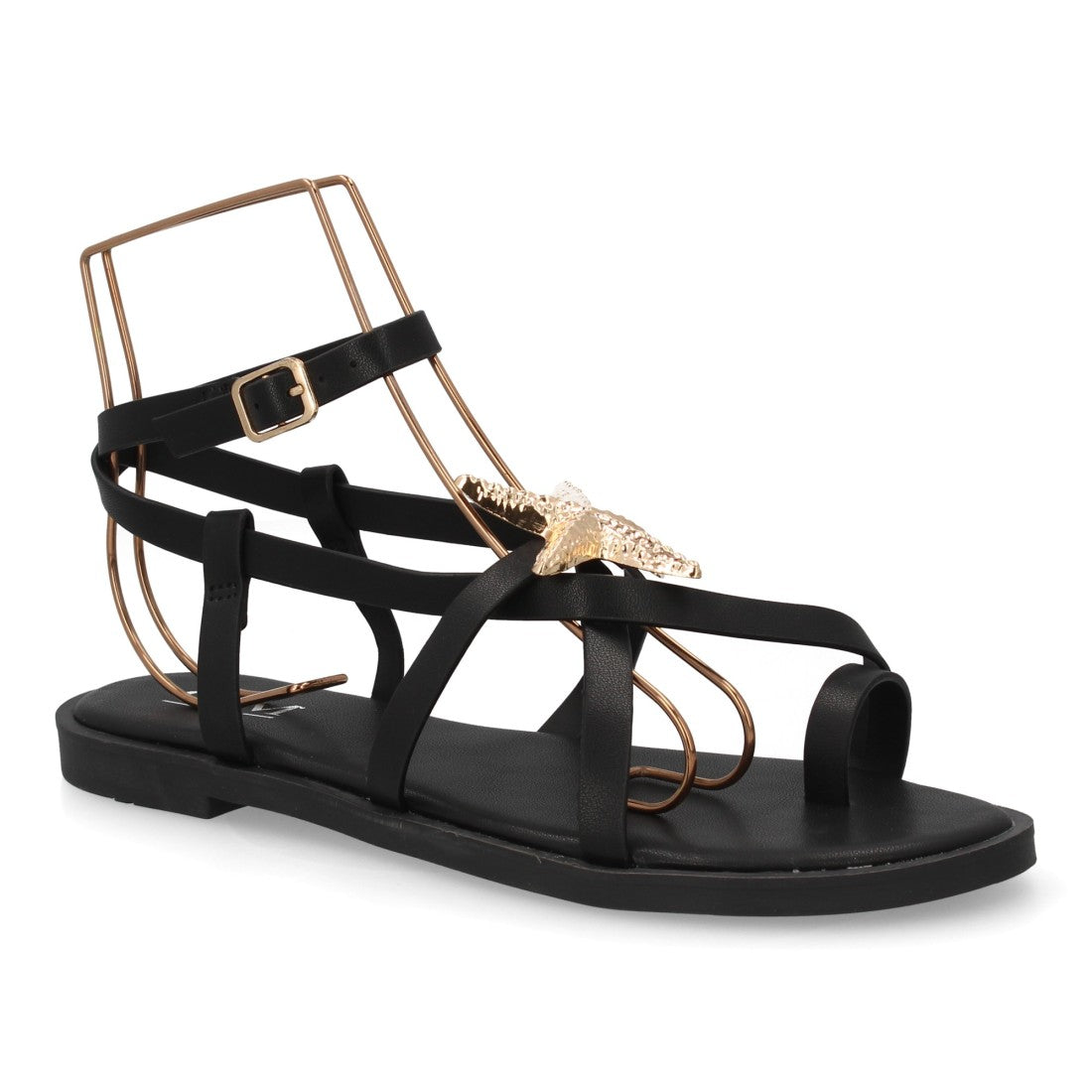 Sandalia romana plana con decoración de estrella - 5269-Negro