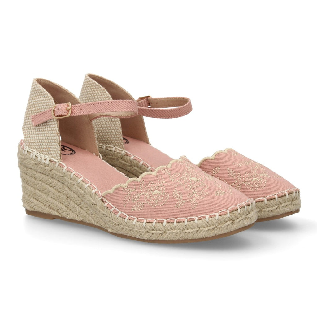 Alpargata bordada de cuña  – diseño floral y hebilla ajustable-Rosa