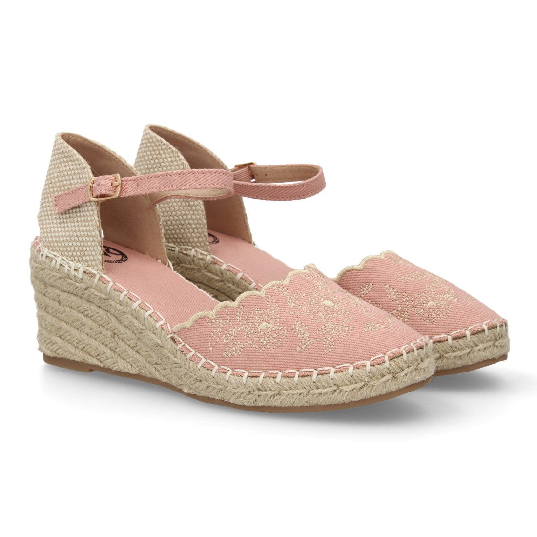 Alpargata bordada de cuña  – diseño floral y hebilla ajustable-Rosa