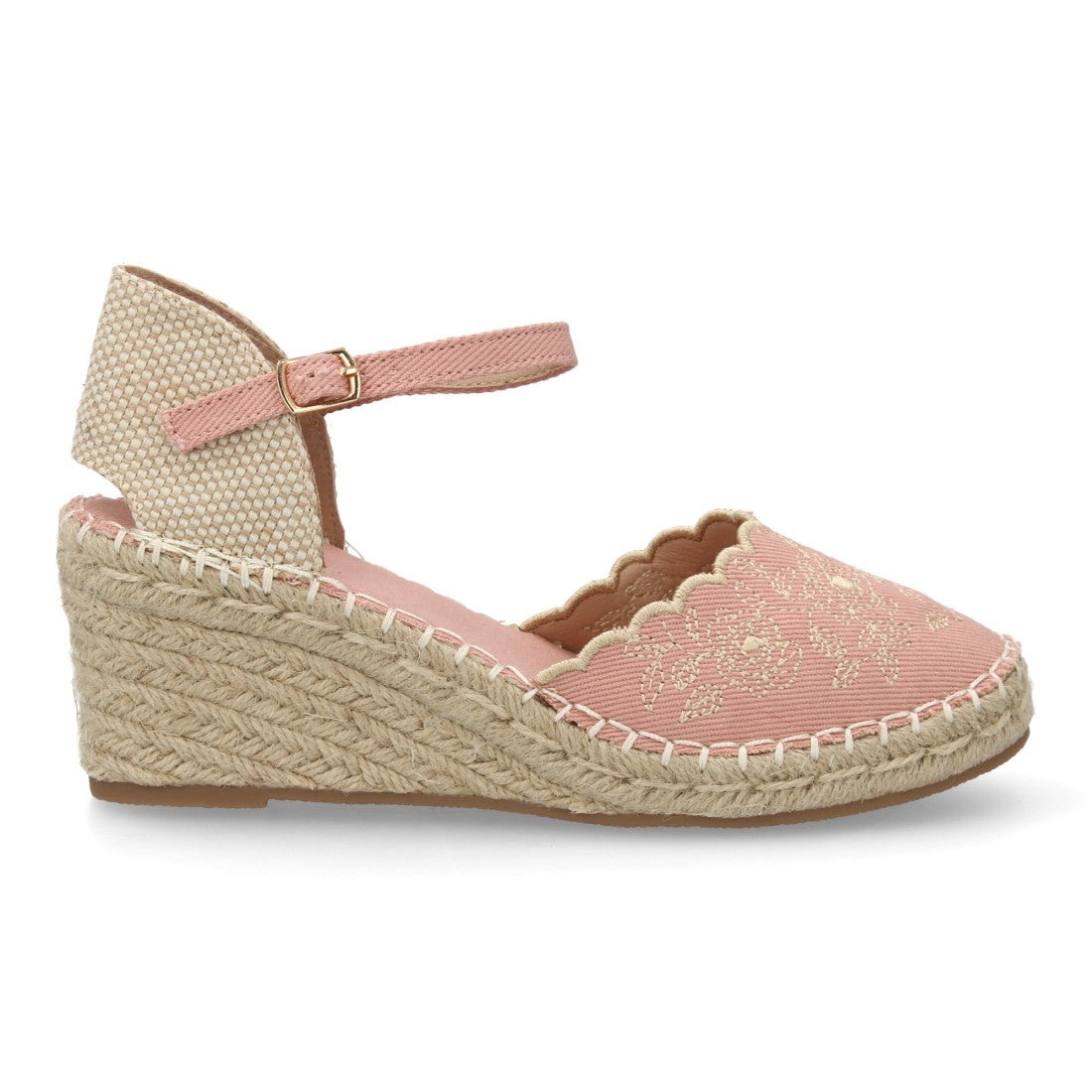 Alpargata bordada de cuña  – diseño floral y hebilla ajustable-Rosa