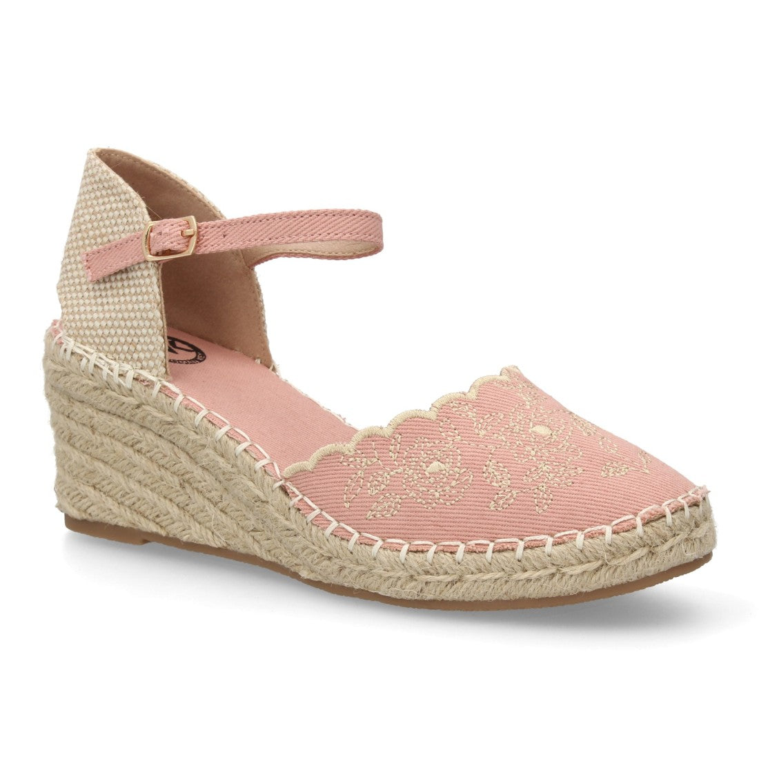 Alpargata bordada de cuña  – diseño floral y hebilla ajustable-Rosa