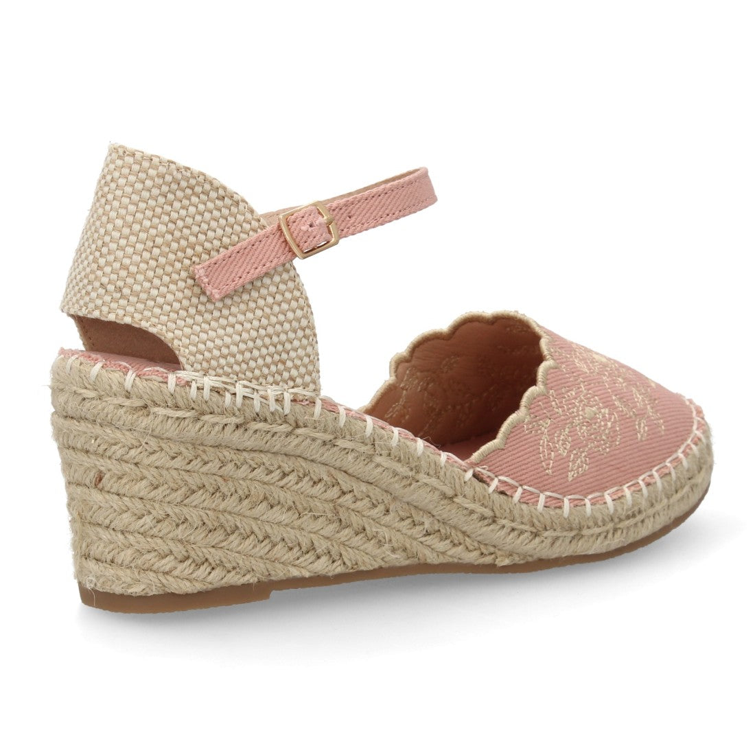Alpargata bordada de cuña  – diseño floral y hebilla ajustable-Rosa