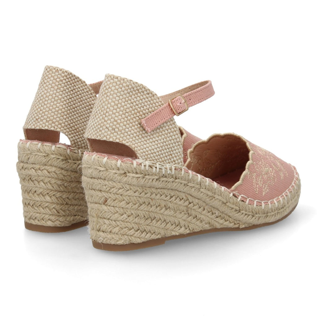 Alpargata bordada de cuña  – diseño floral y hebilla ajustable-Rosa