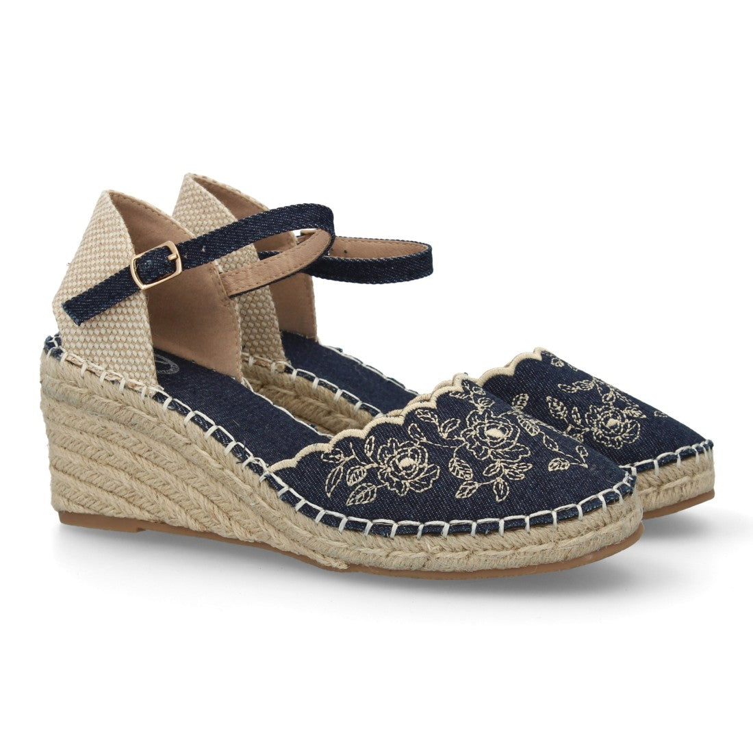 Alpargata bordada de cuña  – diseño floral y hebilla ajustable-Azul