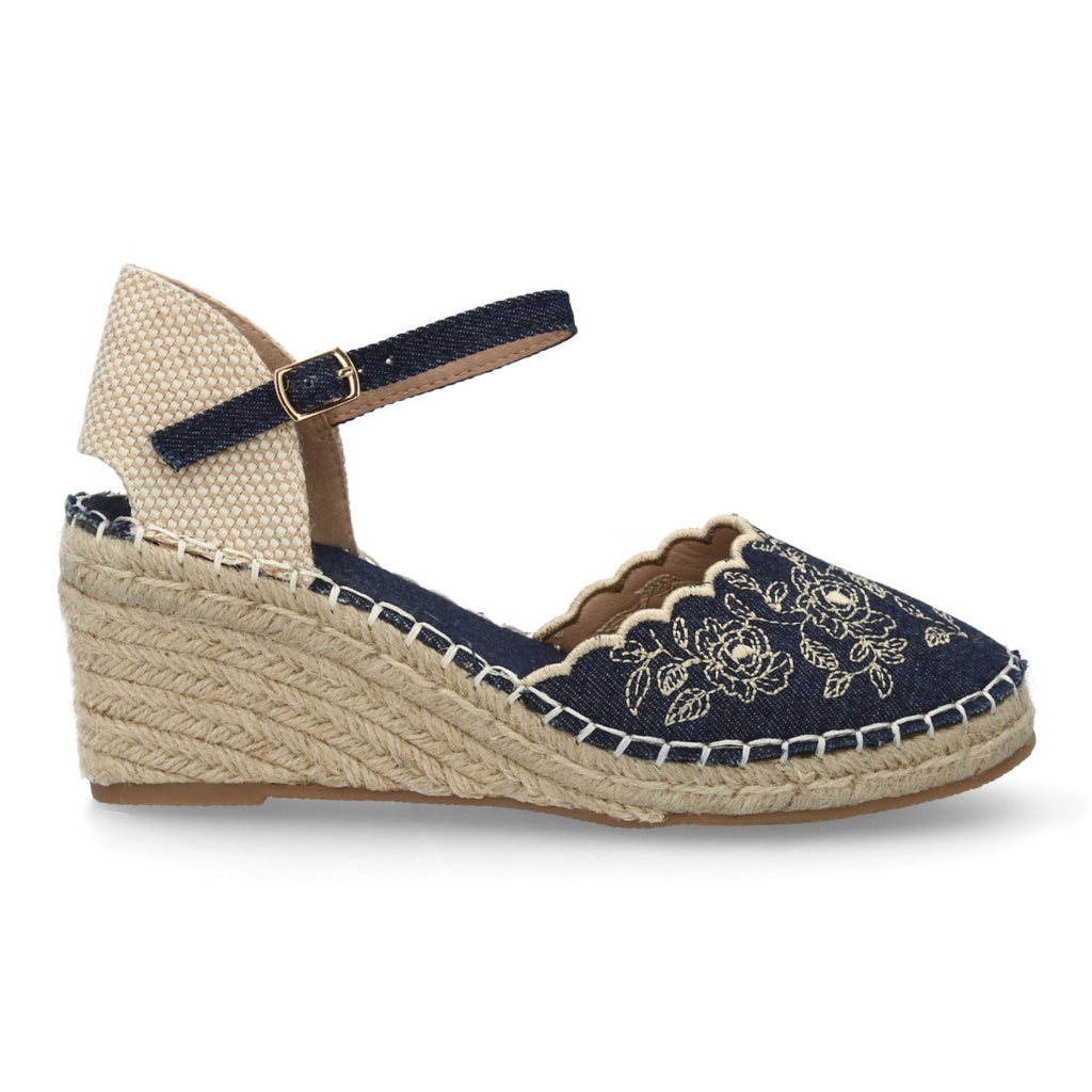 Alpargata bordada de cuña  – diseño floral y hebilla ajustable-Azul