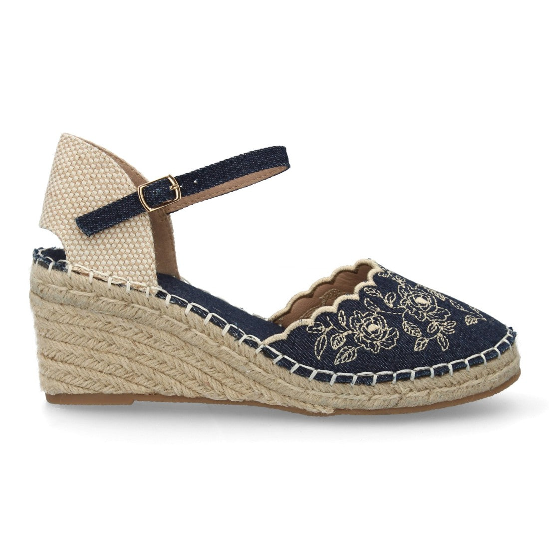 Alpargata bordada de cuña  – diseño floral y hebilla ajustable-Azul