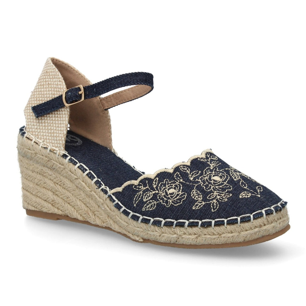 Alpargata bordada de cuña  – diseño floral y hebilla ajustable-Azul