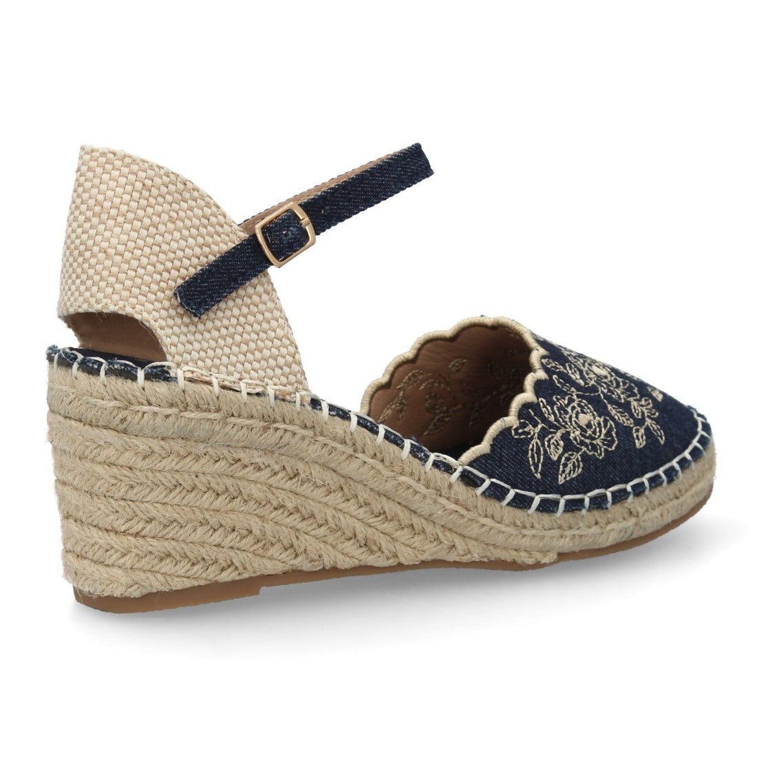 Alpargata bordada de cuña  – diseño floral y hebilla ajustable-Azul