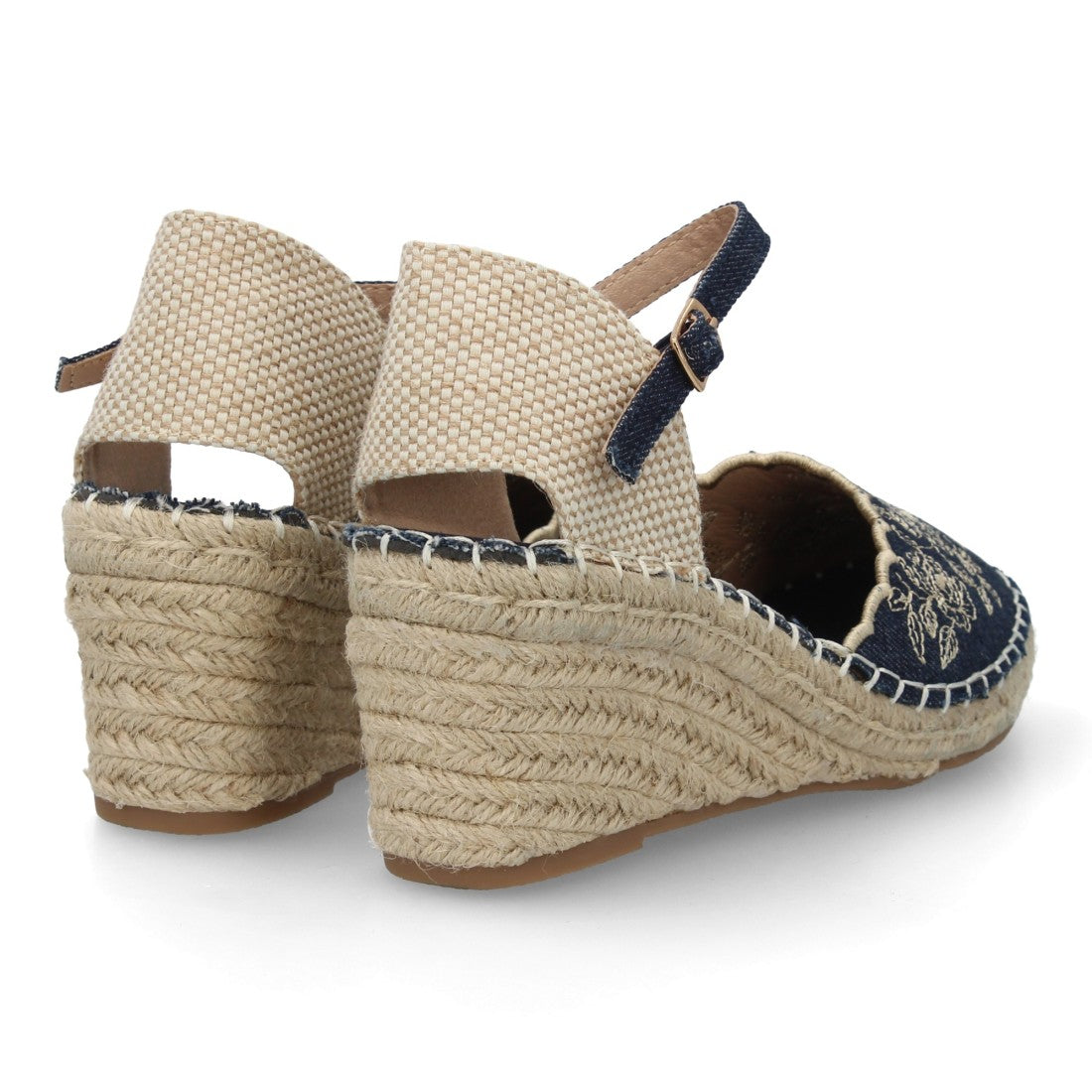 Alpargata bordada de cuña  – diseño floral y hebilla ajustable-Azul